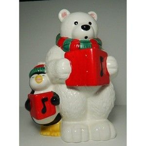 Vtg Caroling Polar Bear & Penguin Christmas Cookie Jar Ceramic Hand Painted  12"
